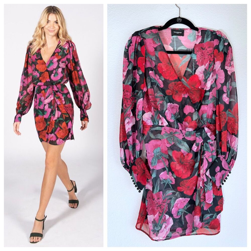 NEW The Kooples Dolce Vita Bold Red & Pink Floral Long Sleeve Wrap Style Dress